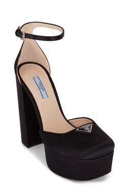Prada Satin Platform Ankle Strap Heels Triangle Logo Black EU 38.5